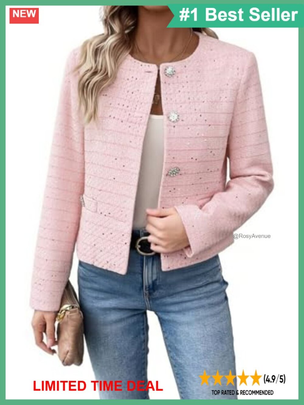Tweed Sequin Cropped Blazer Long Sleeve Round Neck Business Casual